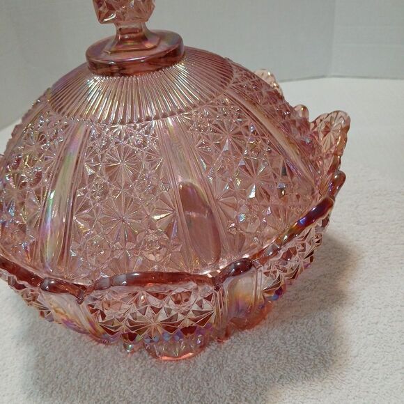 Vintage Fenton Pink Iridescent Daisy & Button Glass Covered Dish 10" × 9"in - Picture 13 of 16